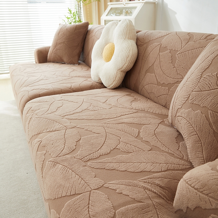 91家纺网 家纺一手货源 找家纺 丝绮鹿 2025新款富贵叶系列-沙发套松紧款（组合沙发图） 时尚咖