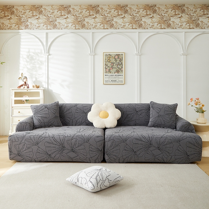 91家纺网 家纺一手货源 找家纺 （总）丝绮鹿 2025新款银杏叶系列-沙发套松紧款（组合沙发图）