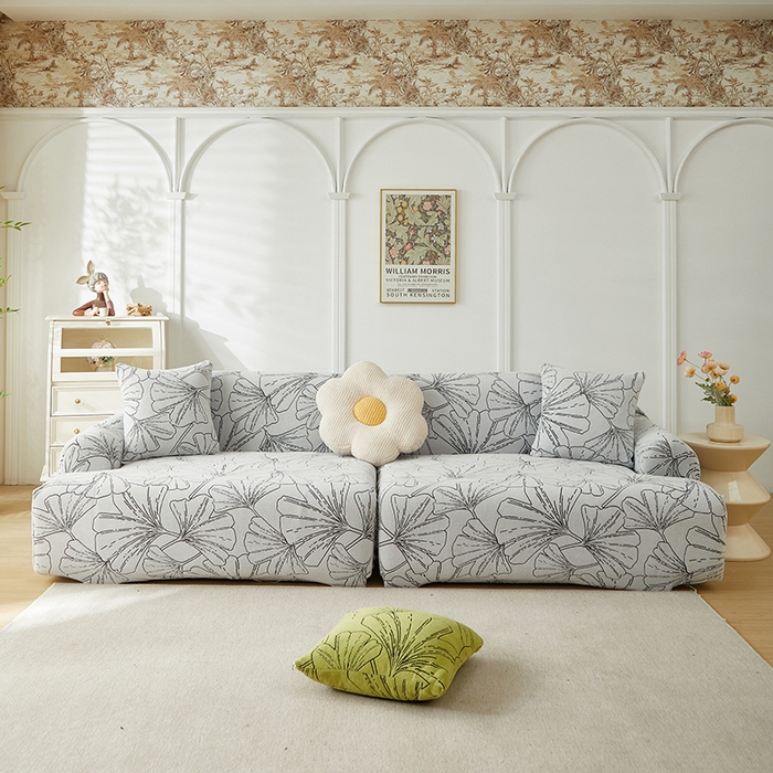 91家纺网 家纺一手货源 找家纺 （总）丝绮鹿 2025新款银杏叶系列-沙发套松紧款（组合沙发图）