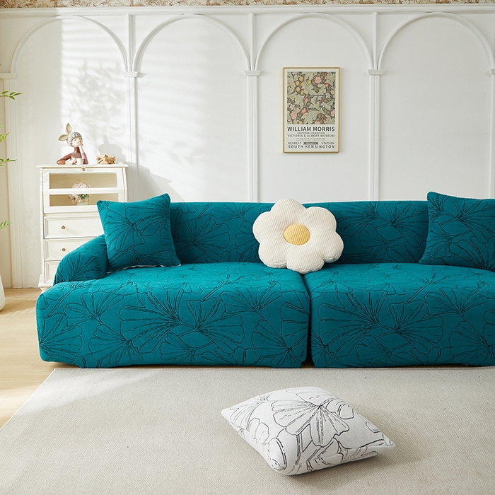91家纺网 家纺一手货源 找家纺 丝绮鹿 2025新款银杏叶系列-沙发套松紧款（组合沙发图） 黛蓝