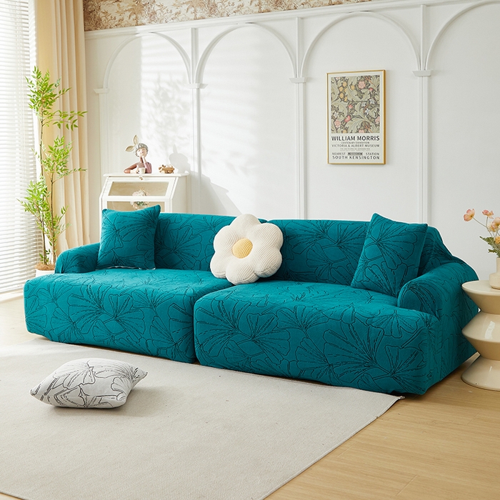 91家纺网 家纺一手货源 找家纺 丝绮鹿 2025新款银杏叶系列-沙发套松紧款（组合沙发图） 黛蓝