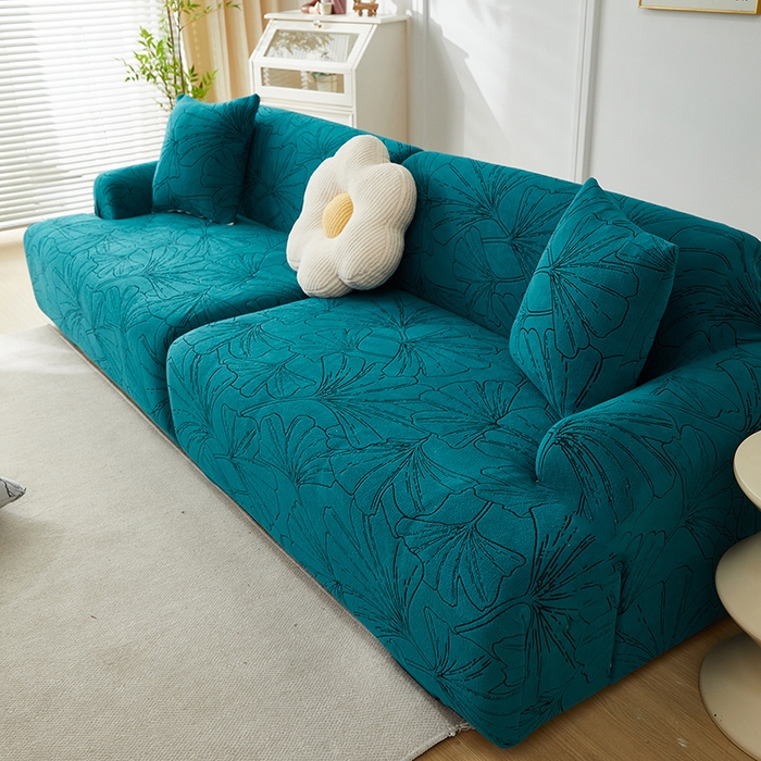 91家纺网 家纺一手货源 找家纺 丝绮鹿 2025新款银杏叶系列-沙发套松紧款（组合沙发图） 黛蓝