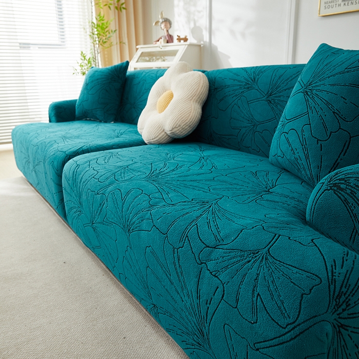 91家纺网 家纺一手货源 找家纺 丝绮鹿 2025新款银杏叶系列-沙发套松紧款（组合沙发图） 黛蓝
