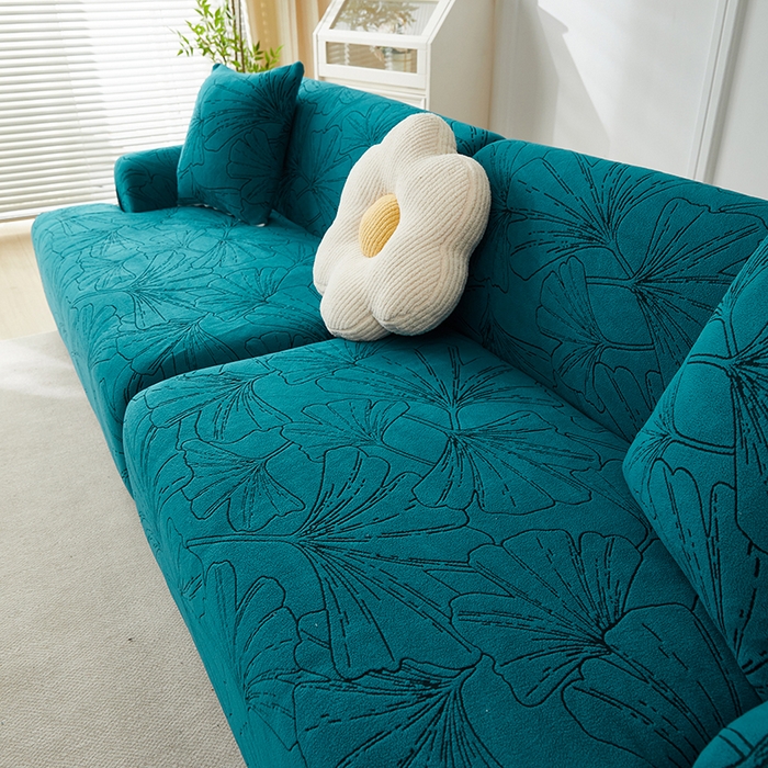 91家纺网 家纺一手货源 找家纺 丝绮鹿 2025新款银杏叶系列-沙发套松紧款（组合沙发图） 黛蓝