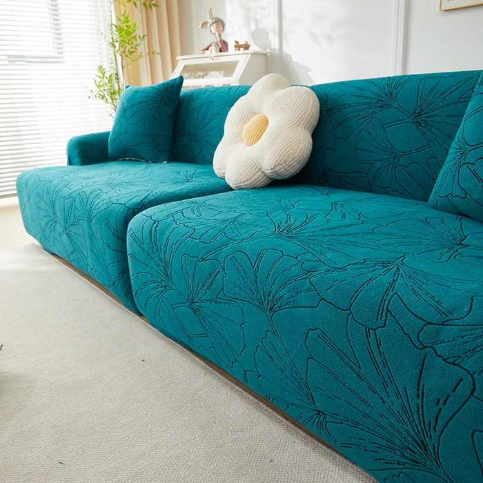 91家纺网 家纺一手货源 找家纺 丝绮鹿 2025新款银杏叶系列-沙发套松紧款（组合沙发图） 黛蓝