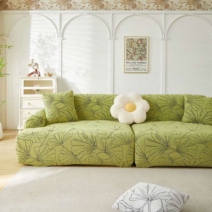 91家纺网 家纺一手货源 找家纺 丝绮鹿 2025新款银杏叶系列-沙发套松紧款（组合沙发图） 橄榄绿