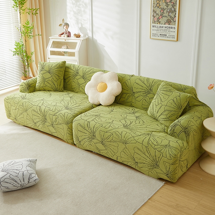 91家纺网 家纺一手货源 找家纺 丝绮鹿 2025新款银杏叶系列-沙发套松紧款（组合沙发图） 橄榄绿