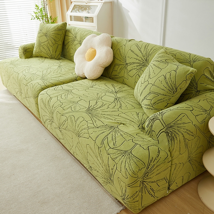 91家纺网 家纺一手货源 找家纺 丝绮鹿 2025新款银杏叶系列-沙发套松紧款（组合沙发图） 橄榄绿