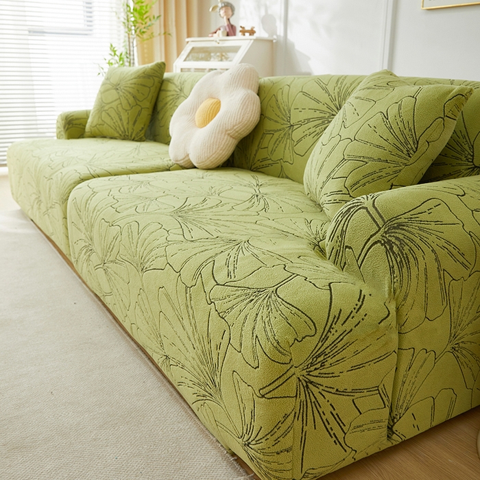 91家纺网 家纺一手货源 找家纺 丝绮鹿 2025新款银杏叶系列-沙发套松紧款（组合沙发图） 橄榄绿