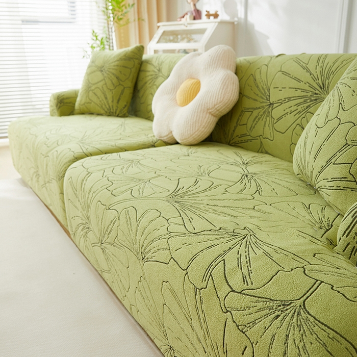 91家纺网 家纺一手货源 找家纺 丝绮鹿 2025新款银杏叶系列-沙发套松紧款（组合沙发图） 橄榄绿