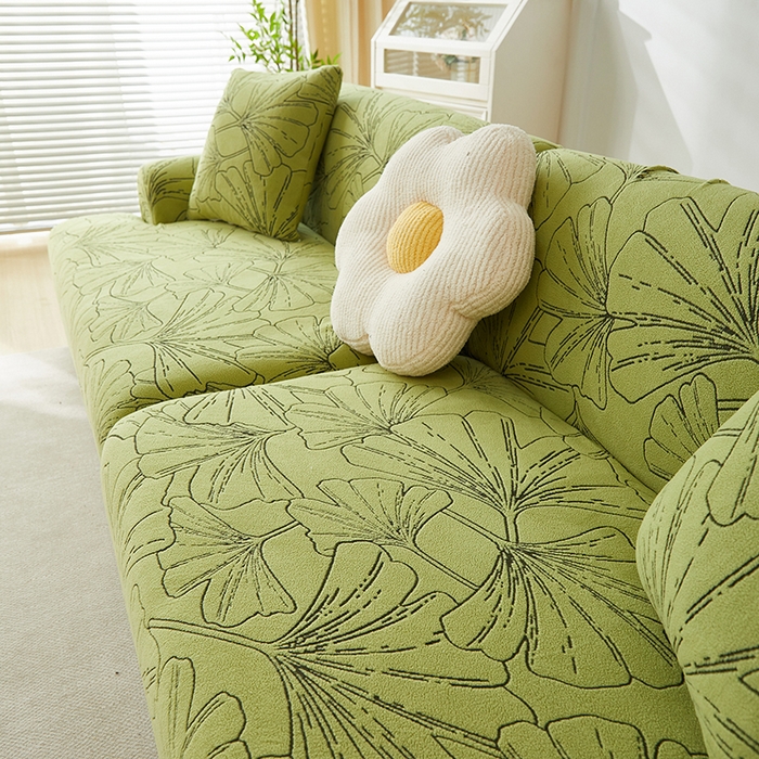 91家纺网 家纺一手货源 找家纺 丝绮鹿 2025新款银杏叶系列-沙发套松紧款（组合沙发图） 橄榄绿