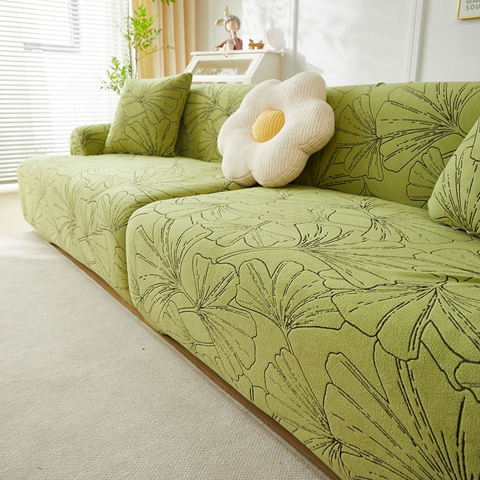 91家纺网 家纺一手货源 找家纺 丝绮鹿 2025新款银杏叶系列-沙发套松紧款（组合沙发图） 橄榄绿