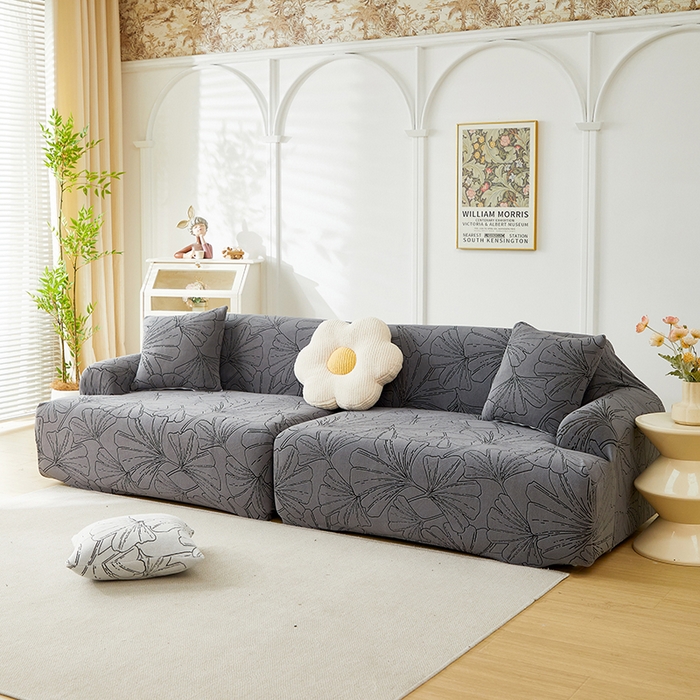 91家纺网 家纺一手货源 找家纺 丝绮鹿 2025新款银杏叶系列-沙发套松紧款（组合沙发图） 绅士灰