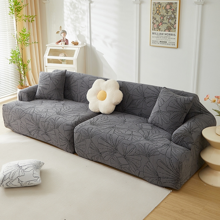 91家纺网 家纺一手货源 找家纺 丝绮鹿 2025新款银杏叶系列-沙发套松紧款（组合沙发图） 绅士灰