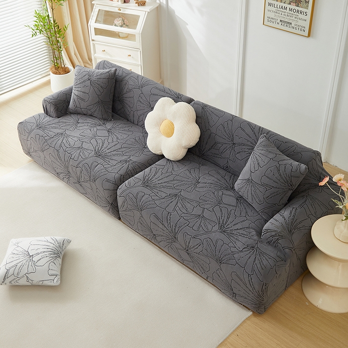 91家纺网 家纺一手货源 找家纺 丝绮鹿 2025新款银杏叶系列-沙发套松紧款（组合沙发图） 绅士灰