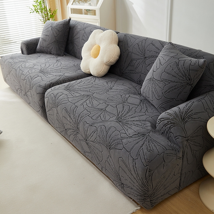 91家纺网 家纺一手货源 找家纺 丝绮鹿 2025新款银杏叶系列-沙发套松紧款（组合沙发图） 绅士灰