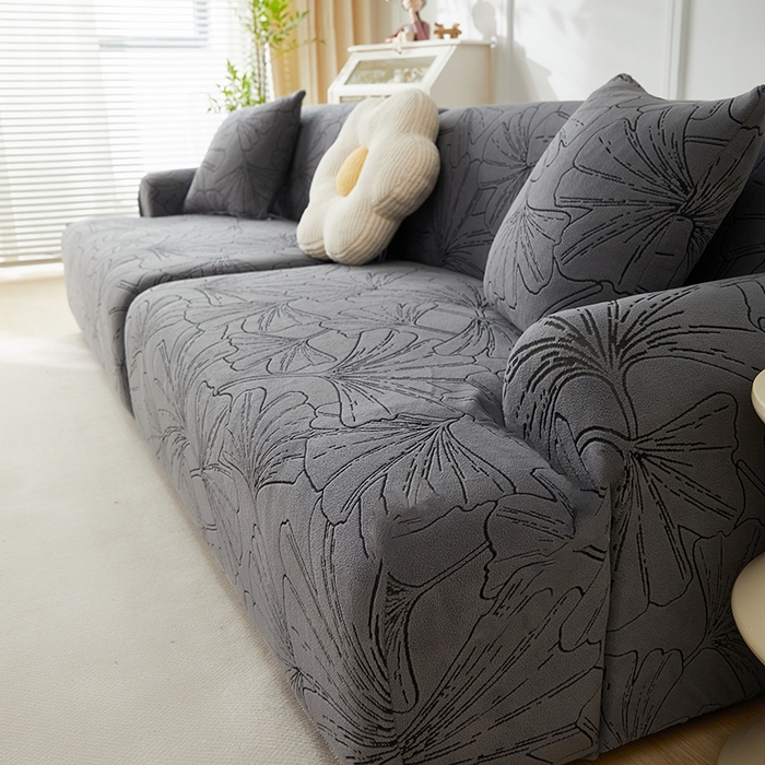 91家纺网 家纺一手货源 找家纺 丝绮鹿 2025新款银杏叶系列-沙发套松紧款（组合沙发图） 绅士灰