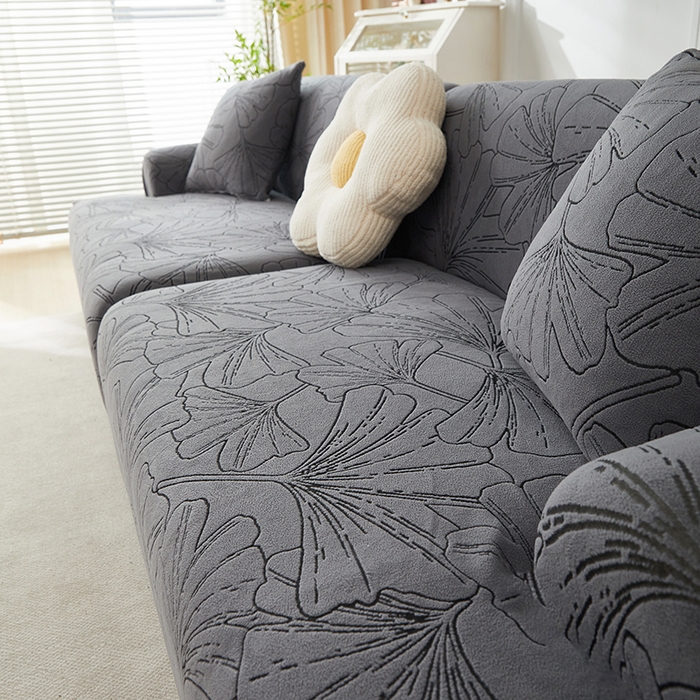 91家纺网 家纺一手货源 找家纺 丝绮鹿 2025新款银杏叶系列-沙发套松紧款（组合沙发图） 绅士灰