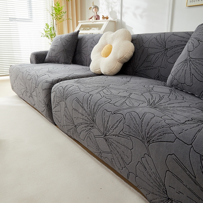 91家纺网 家纺一手货源 找家纺 丝绮鹿 2025新款银杏叶系列-沙发套松紧款（组合沙发图） 绅士灰
