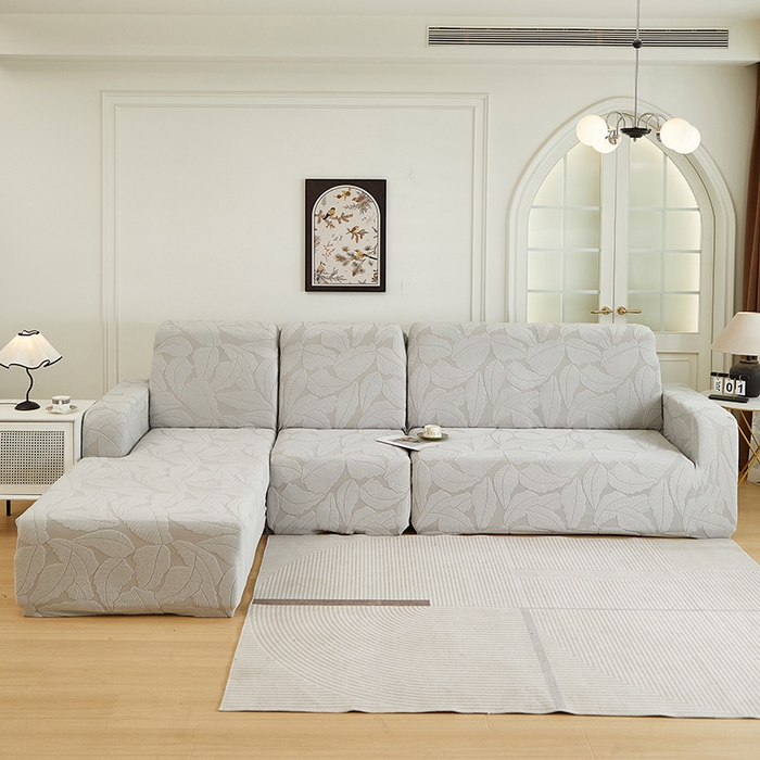 91家纺网 家纺一手货源 找家纺 丝绮鹿 2025新款富贵叶系列-沙发套松紧款（贵妃图） 浅灰