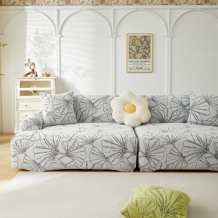 91家纺网 家纺一手货源 找家纺 丝绮鹿 2025新款银杏叶系列-沙发套松紧款（组合沙发图） 象牙白