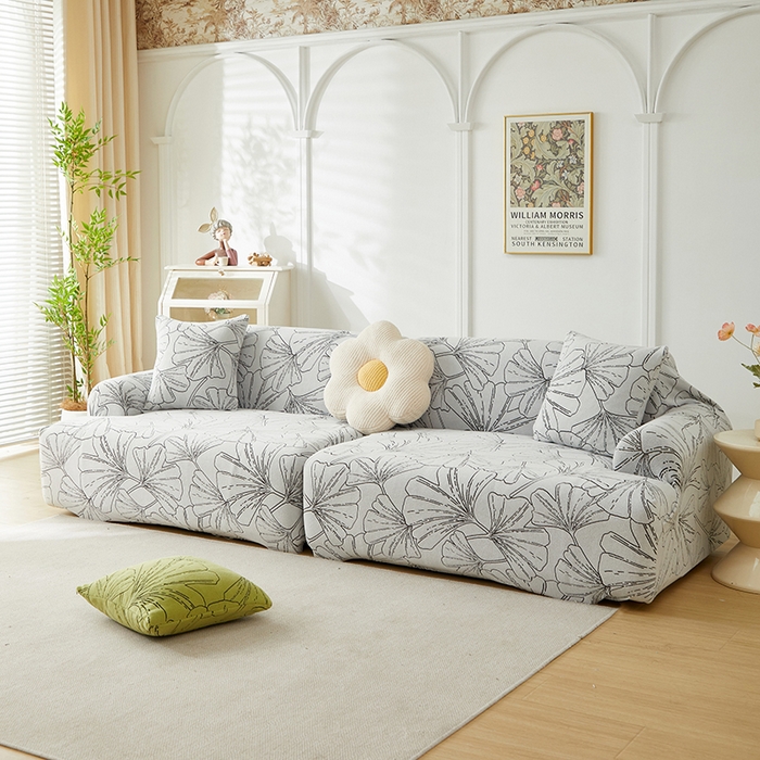 91家纺网 家纺一手货源 找家纺 丝绮鹿 2025新款银杏叶系列-沙发套松紧款（组合沙发图） 象牙白