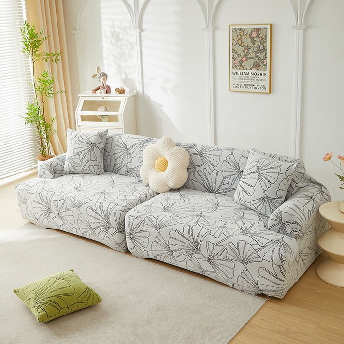 91家纺网 家纺一手货源 找家纺 丝绮鹿 2025新款银杏叶系列-沙发套松紧款（组合沙发图） 象牙白