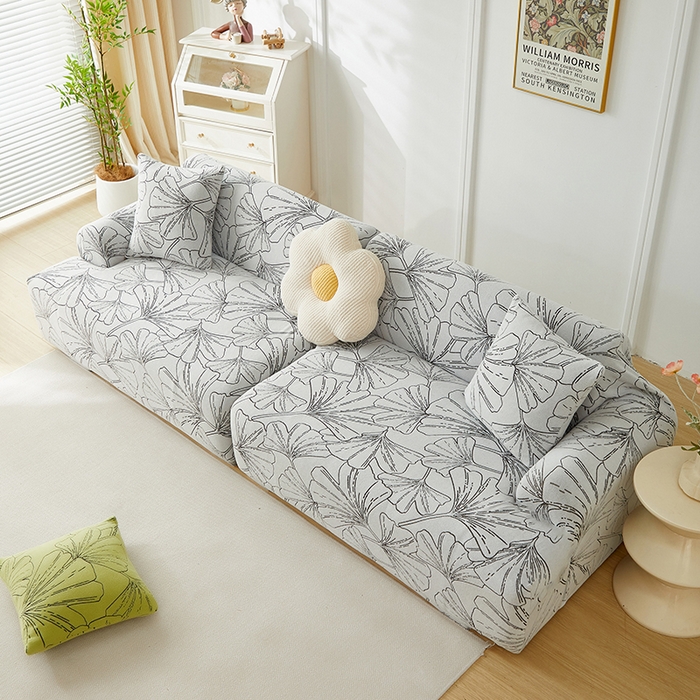 91家纺网 家纺一手货源 找家纺 丝绮鹿 2025新款银杏叶系列-沙发套松紧款（组合沙发图） 象牙白