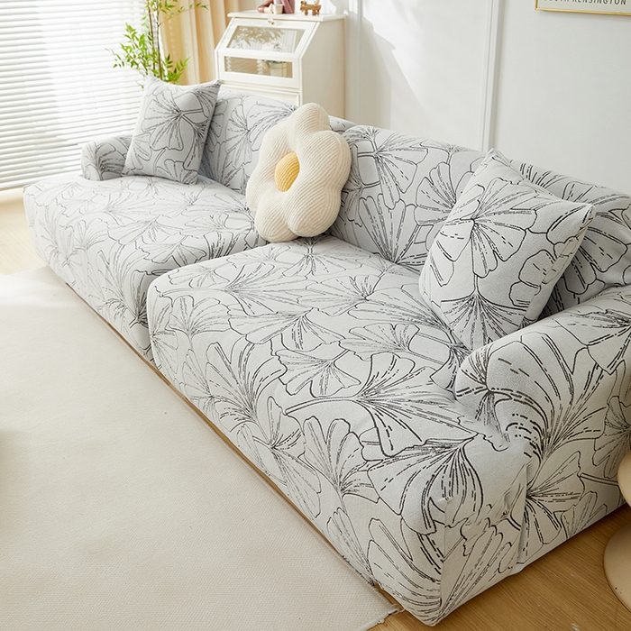 91家纺网 家纺一手货源 找家纺 丝绮鹿 2025新款银杏叶系列-沙发套松紧款（组合沙发图） 象牙白