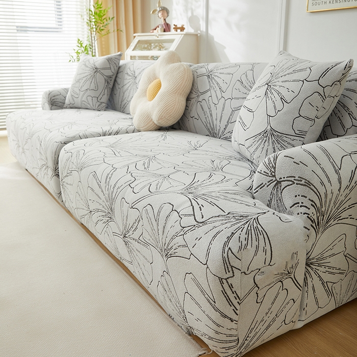 91家纺网 家纺一手货源 找家纺 丝绮鹿 2025新款银杏叶系列-沙发套松紧款（组合沙发图） 象牙白