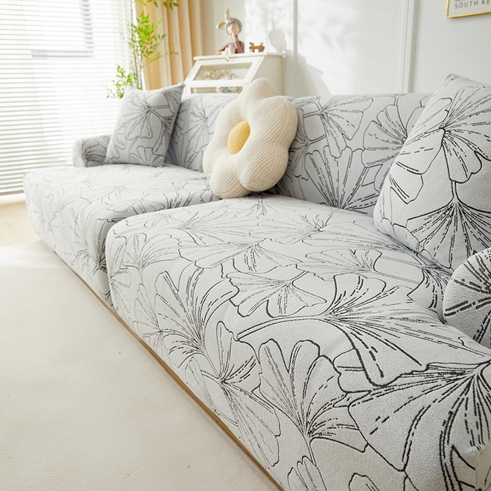 91家纺网 家纺一手货源 找家纺 丝绮鹿 2025新款银杏叶系列-沙发套松紧款（组合沙发图） 象牙白