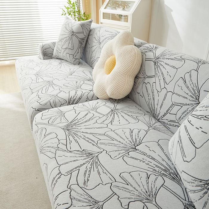 91家纺网 家纺一手货源 找家纺 丝绮鹿 2025新款银杏叶系列-沙发套松紧款（组合沙发图） 象牙白