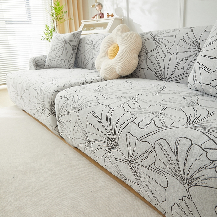 91家纺网 家纺一手货源 找家纺 丝绮鹿 2025新款银杏叶系列-沙发套松紧款（组合沙发图） 象牙白