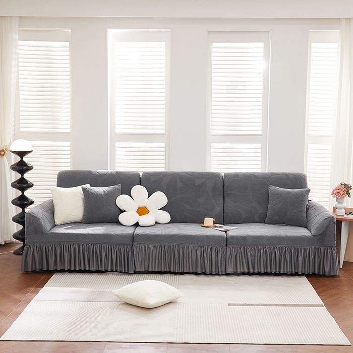 91家纺网 家纺一手货源 找家纺 丝绮鹿 2025新款富贵叶系列-沙发套裙边款 深灰