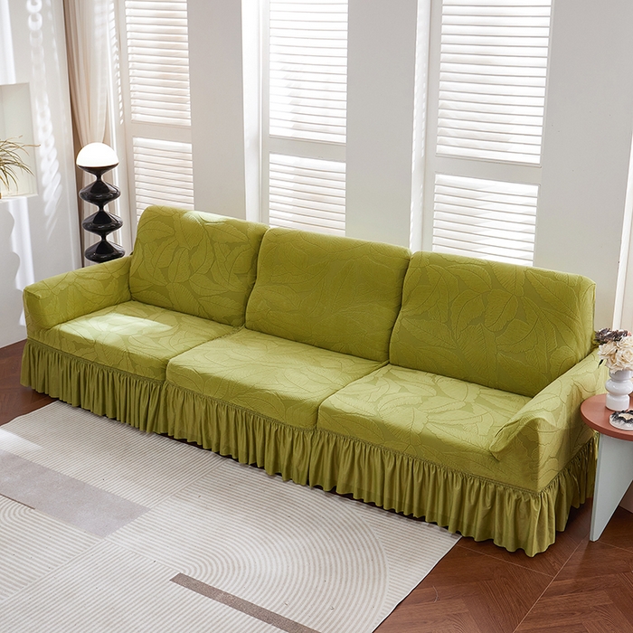 91家纺网 家纺一手货源 找家纺 丝绮鹿 2025新款富贵叶系列-沙发套裙边款 橄榄绿