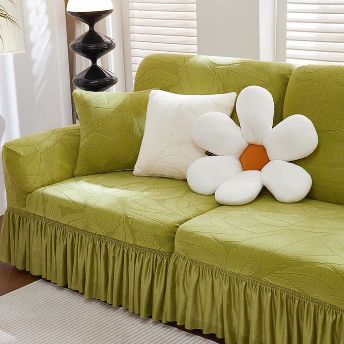 91家纺网 家纺一手货源 找家纺 丝绮鹿 2025新款富贵叶系列-沙发套裙边款 橄榄绿