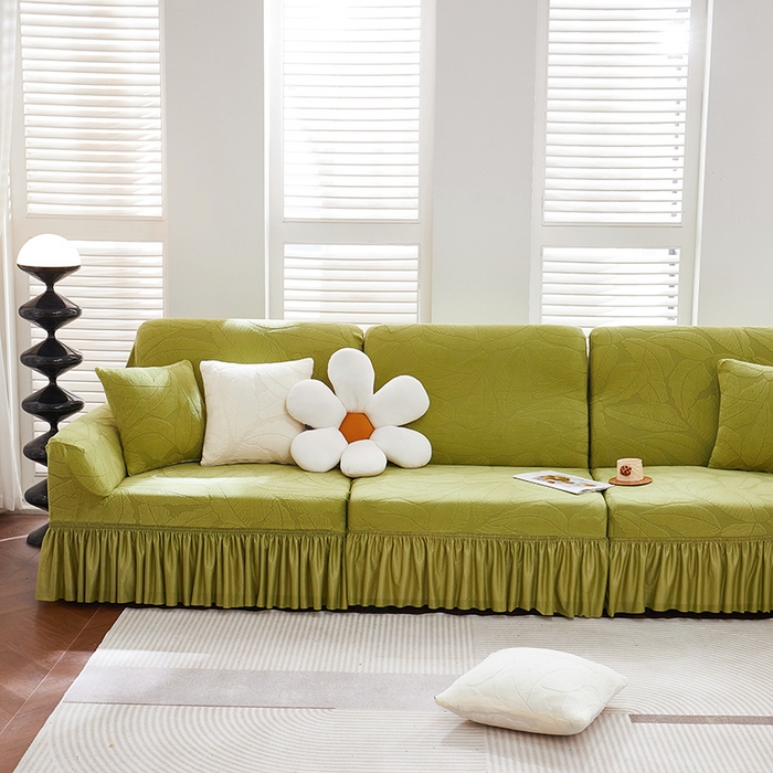 91家纺网 家纺一手货源 找家纺 丝绮鹿 2025新款富贵叶系列-沙发套裙边款 橄榄绿