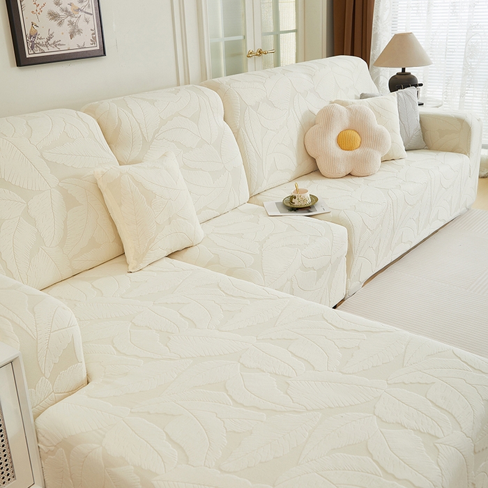 91家纺网 家纺一手货源 找家纺 丝绮鹿 2025新款富贵叶系列-沙发套松紧款（贵妃图） 米白