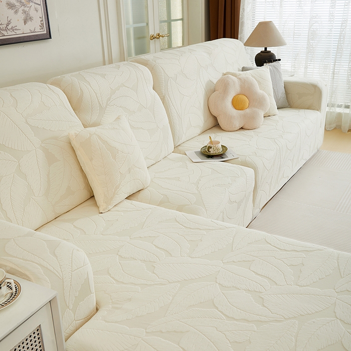 91家纺网 家纺一手货源 找家纺 丝绮鹿 2025新款富贵叶系列-沙发套松紧款（贵妃图） 米白