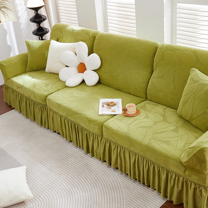 91家纺网 家纺一手货源 找家纺 丝绮鹿 2025新款富贵叶系列-沙发套裙边款 橄榄绿