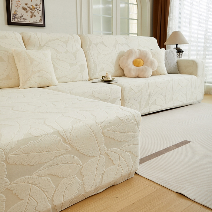 91家纺网 家纺一手货源 找家纺 丝绮鹿 2025新款富贵叶系列-沙发套松紧款（贵妃图） 米白