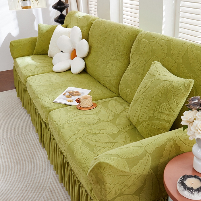 91家纺网 家纺一手货源 找家纺 丝绮鹿 2025新款富贵叶系列-沙发套裙边款 橄榄绿