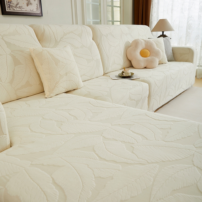 91家纺网 家纺一手货源 找家纺 丝绮鹿 2025新款富贵叶系列-沙发套松紧款（贵妃图） 米白