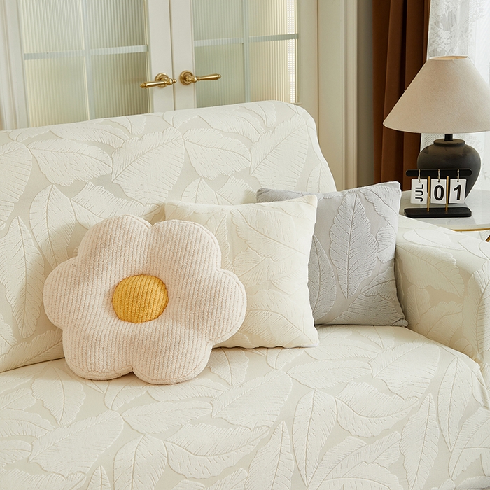 91家纺网 家纺一手货源 找家纺 丝绮鹿 2025新款富贵叶系列-沙发套松紧款（贵妃图） 米白