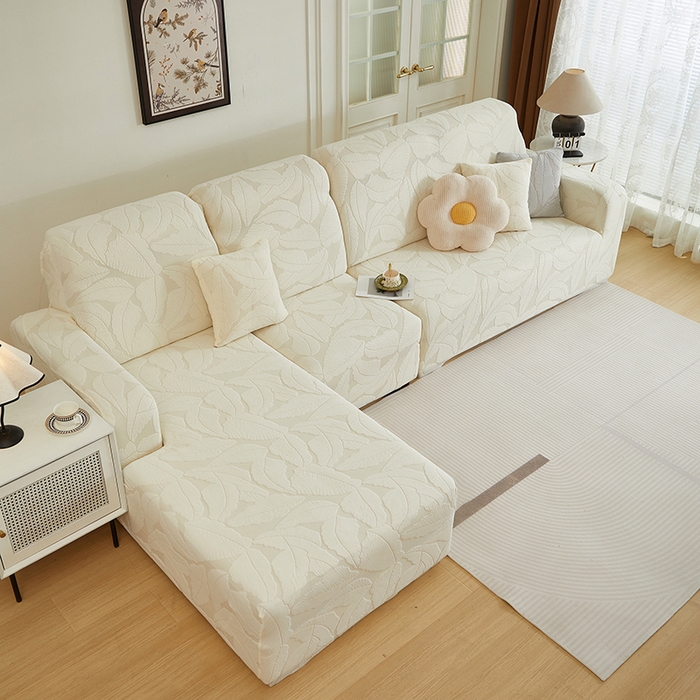 91家纺网 家纺一手货源 找家纺 丝绮鹿 2025新款富贵叶系列-沙发套松紧款（贵妃图） 米白