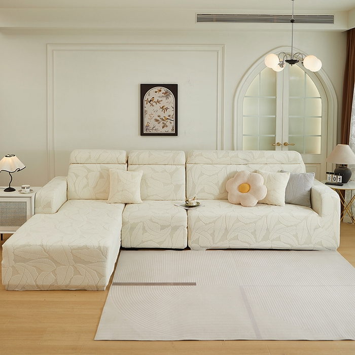91家纺网 家纺一手货源 找家纺 丝绮鹿 2025新款富贵叶系列-沙发套松紧款（贵妃图） 米白