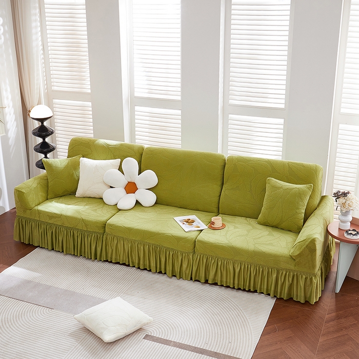 91家纺网 家纺一手货源 找家纺 丝绮鹿 2025新款富贵叶系列-沙发套裙边款 橄榄绿