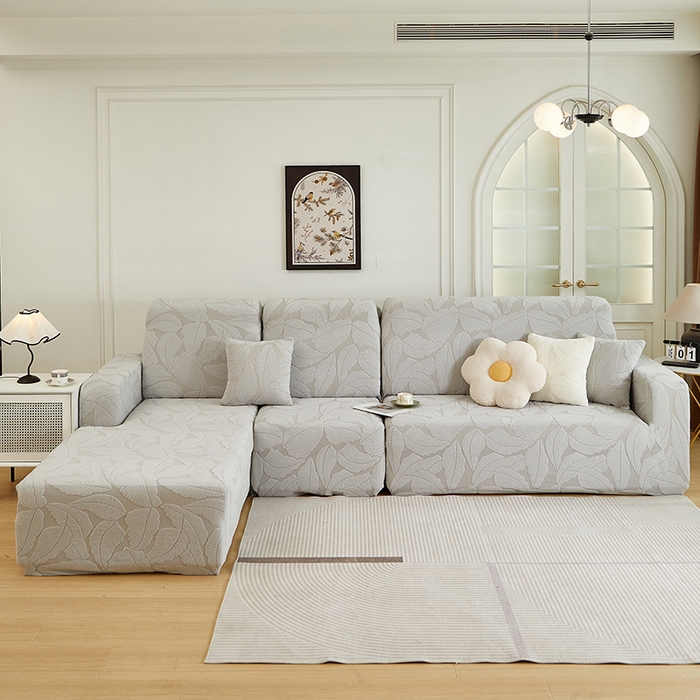 91家纺网 家纺一手货源 找家纺 丝绮鹿 2025新款富贵叶系列-沙发套松紧款（贵妃图） 浅灰