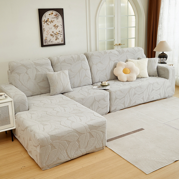 91家纺网 家纺一手货源 找家纺 丝绮鹿 2025新款富贵叶系列-沙发套松紧款（贵妃图） 浅灰