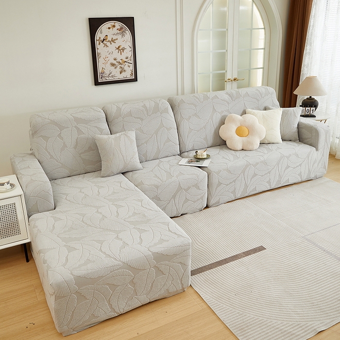 91家纺网 家纺一手货源 找家纺 丝绮鹿 2025新款富贵叶系列-沙发套松紧款（贵妃图） 浅灰